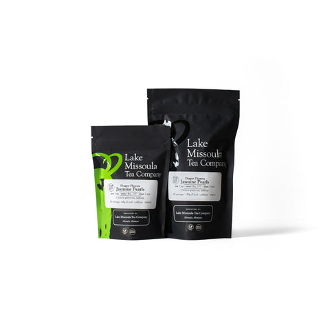 Lake Missoula Tea Company's Top Shelf Tea Collection featuring jasmine pearls in elegant packaging.