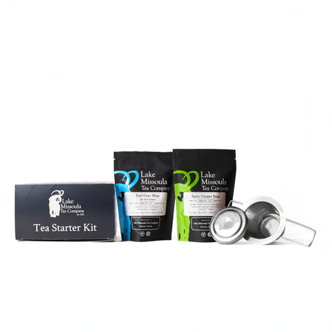 Lake Missoula Tea Company tea starter kit with assorted tea bags, brewing accessories, and gift packaging for tea enthusiasts.