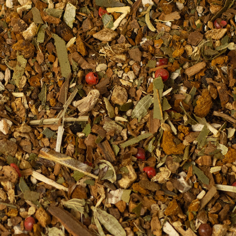 Lake Missoula Tea Company Pachamama Chai tea in a cup, showing a steaming, aromatic chai tea with spices and tea leaves.