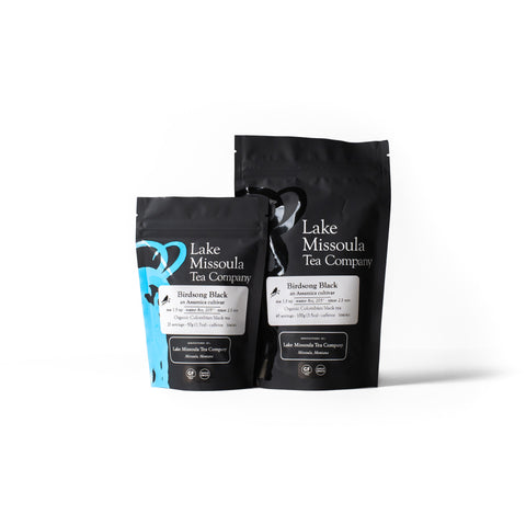 Birdsong Black Tea from Lake Missoula Tea Company's Animal Conservation Tea Bundle, featuring a dark tea blend in a decorative package.
