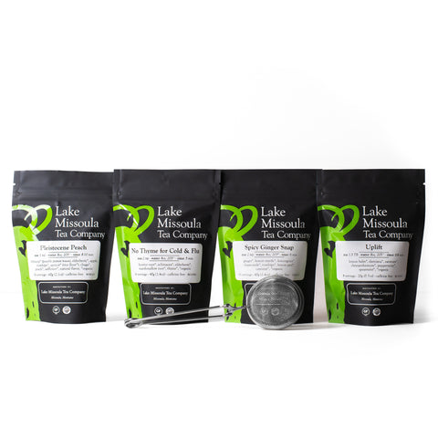 Lake Missoula Tea Company caffeine-free tea care package with assorted tea bags in decorative packaging.
