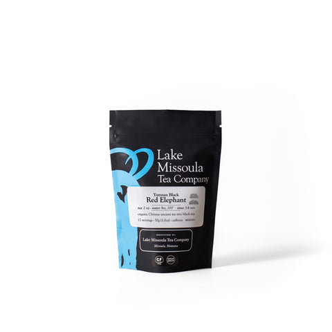 Red Elephant tea from Lake Missoula Tea Company, 2oz package, featuring a vibrant red elephant illustration on the packaging.
