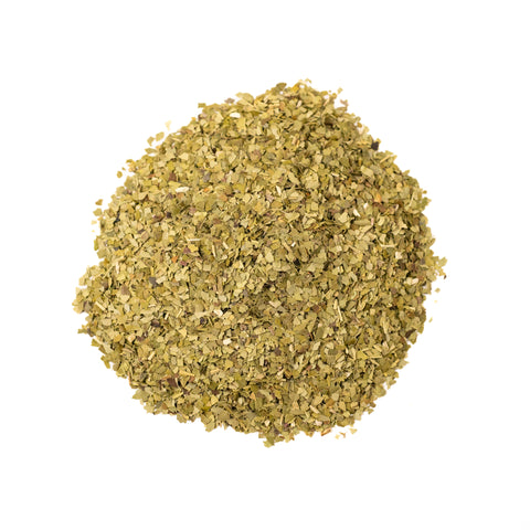 Yerba Mate tea by Lake Missoula Tea Company, with dried yerba mate leaves in a natural, rustic presentation.