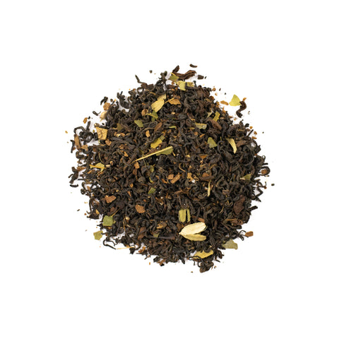 Cup of Masala Mountain Chai tea from Lake Missoula Tea Company, featuring a steaming, aromatic blend in a ceramic mug.
