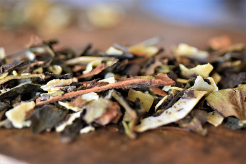 Close-up of Lake Missoula Tea Company's Cinnamon Chaga Spice tea in a cup, showcasing the rich cinnamon and chaga mushroom ingredients.
