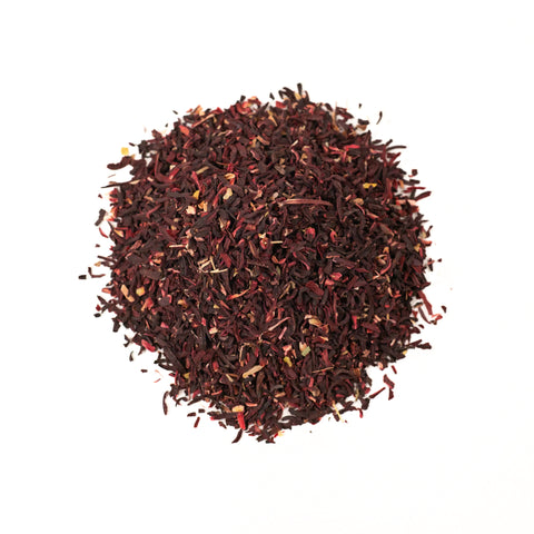 Dried hibiscus tea leaves from Lake Missoula Tea Company, vibrant red herbal tea for brewing or display.