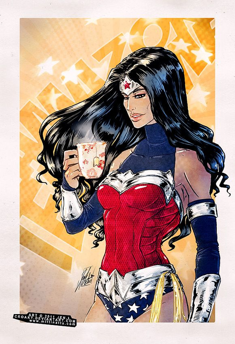 Wonder Woman-themed tea from Lake Missoula Tea Company in a colorful container featuring Wonder Woman logo and vibrant design.