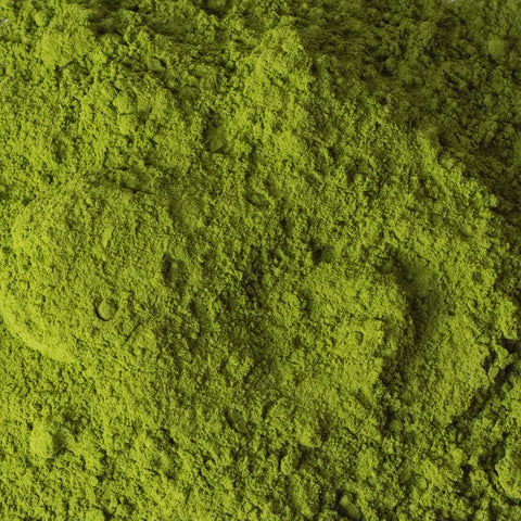 Fine green powder of Mammoth Matcha tea from Lake Missoula Tea Company, shown in a close-up image highlighting its vibrant texture.