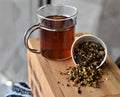 Cup of Good Hope dried tea from Lake Missoula Tea Company, showcasing loose tea leaves in a white ceramic cup.