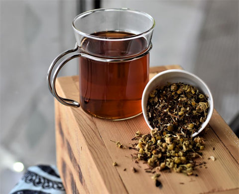 Cup of Good Hope dried tea from Lake Missoula Tea Company, showcasing loose tea leaves in a white ceramic cup.