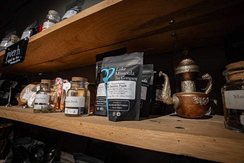 Assorted tea samples from Lake Missoula Tea Company's Monthly Tea Explorers Club, displayed in a colorful variety of tea bags.