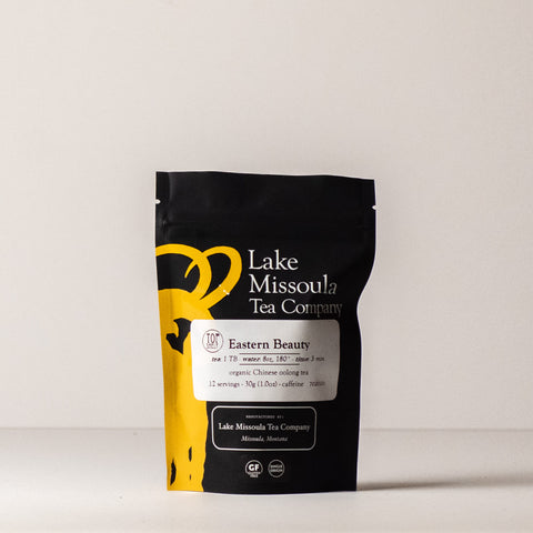 Image of Lake Missoula Tea Company's Eastern Beauty tea in a 30g package, showcasing the elegant tea leaves.