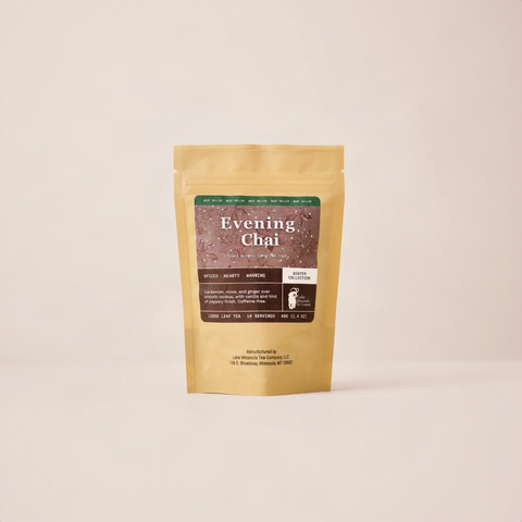 Evening Chai in 2oz winter collection packaging. Tan bag with brown label