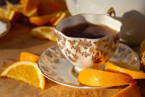 Horizontal image of Lake Missoula Tea Company's Creamy Vanilla Orange tea, featuring a vibrant tea package with orange and vanilla flavor accents.