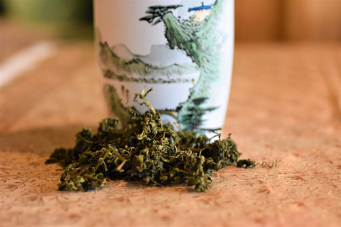 Loose leaf Jiaogulan tea, also known as Immortality Herb, from Lake Missoula Tea Company, shown in a close-up image.