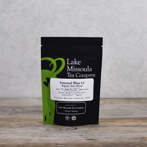 Loose leaf Internal Bliss #2 Regular Move Blend herbal tea by Lake Missoula Tea Company in a resealable bag.