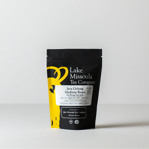 Medium roast Java Oolong tea from Lake Missoula Tea Company in a 60g package, showing the tea leaves ready for brewing.