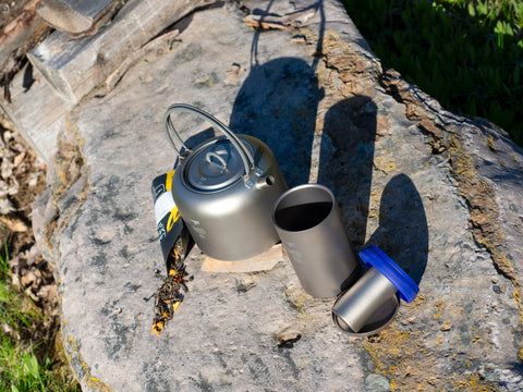 Keith Titanium Kettle teaware from Lake Missoula Tea Company, shown with shadows, highlighting its sleek, durable design.