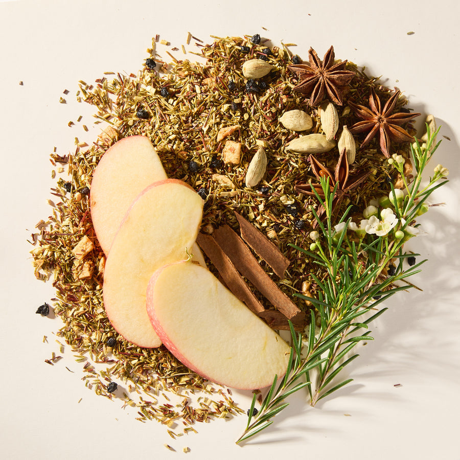 Mountain Winter Berry loose leaf blend with apple slices, cinnamon sticks, star anise and cardamom pods