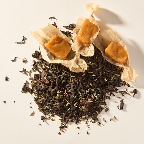 Big Sky Salted Caramel loose leaf tea with three soft caramels in parchment wrappers