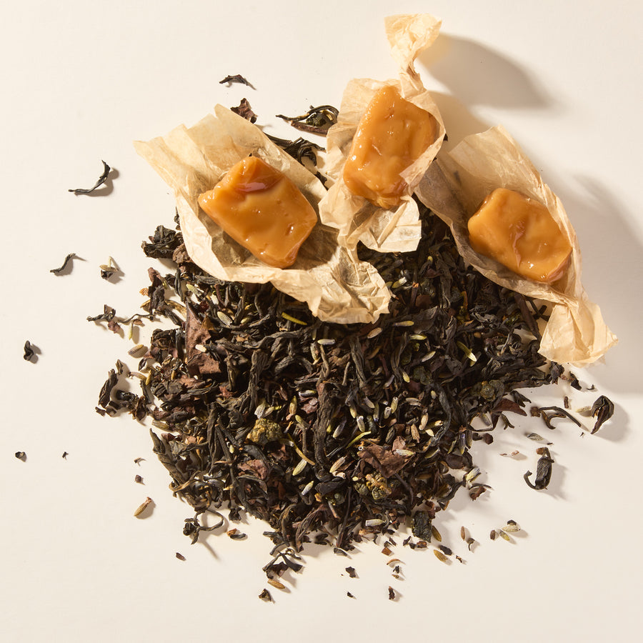 Big Sky Salted Caramel loose leaf tea with three soft caramels in parchment wrappers
