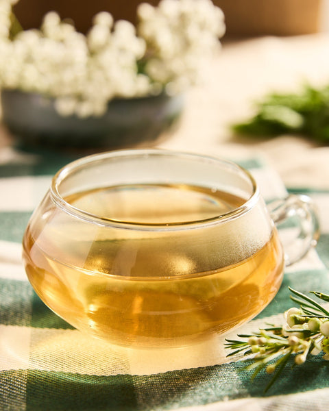 Glass cup of brewed Mountain Winter Berry tea, one of the twelve teas in the Winter Collection Bundle