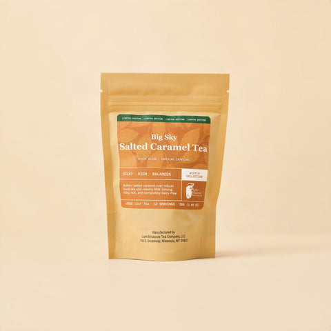 Big Sky Salted Caramel Tea 30g pouch, Winter Collection limited edition, on a warm beige background