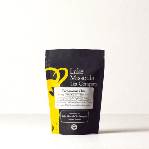 Bag of Pachamama Chai tea by Lake Missoula Tea Company, 50g, with a warm spiced chai blend in a rustic packaging.