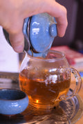 Golden Monkey tea being poured from a gaiwan, showcasing its rich amber color and delicate tea leaves.