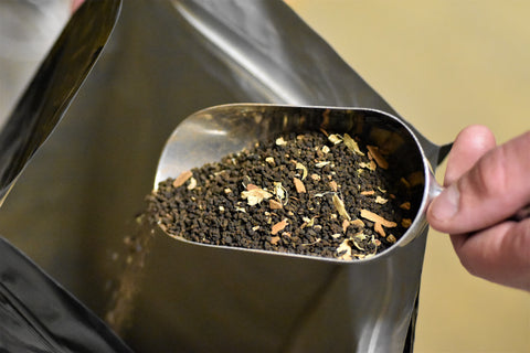 Lake Missoula Tea Company's Scheherazade Shai tea leaves in a package, showcasing a premium blend of herbs and spices for a fragrant brew.