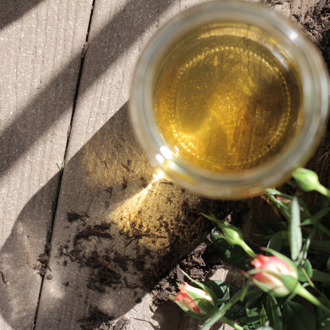 Early spring nettle tea from Lake Missoula Tea Company, fresh green herbal tea leaves in a clear glass cup.