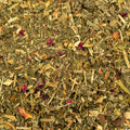 Belly Bliss raspberry leaf tea by Lake Missoula Tea Company, showing dried raspberry leaves in a textured close-up image.