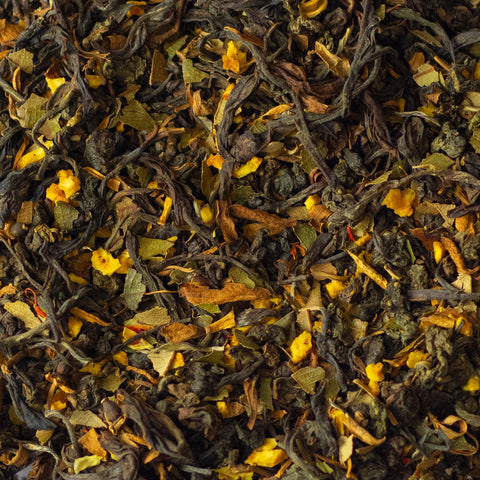Close-up of dried Mimosa Oolong tea leaves showing their textured, rolled appearance from Lake Missoula Tea Company.