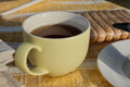 Lake Missoula Tea Company Tiramisu herbal tea in a teacup, showcasing a rich, creamy coffee-flavored tea with cocoa and mascarpone notes.