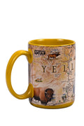 Yellow ceramic mug featuring Xplorer Yellowstone maps, from Lake Missoula Tea Company, ideal for tea or coffee.
