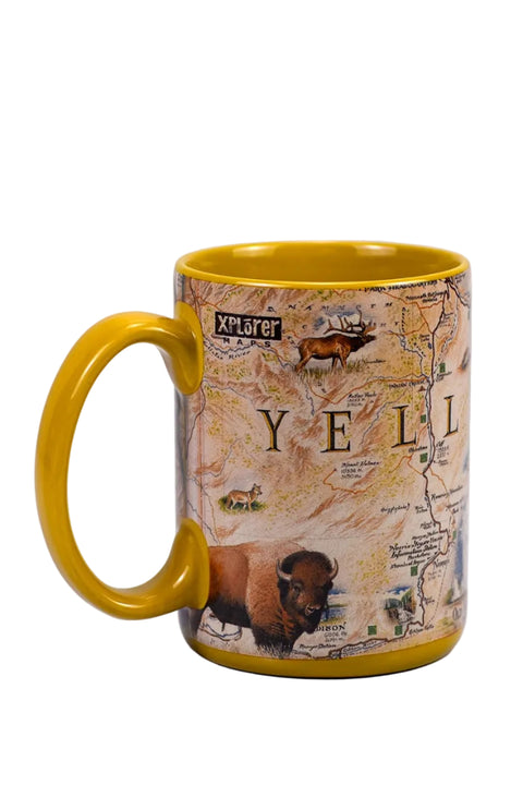 Yellow ceramic mug featuring Xplorer Yellowstone maps, from Lake Missoula Tea Company, ideal for tea or coffee.