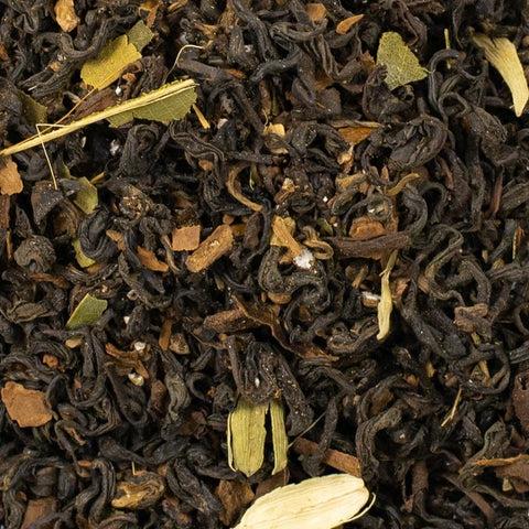 Cup of Masala Mountain Chai tea from Lake Missoula Tea Company with warm spices and a steaming, aromatic brew in a ceramic mug.