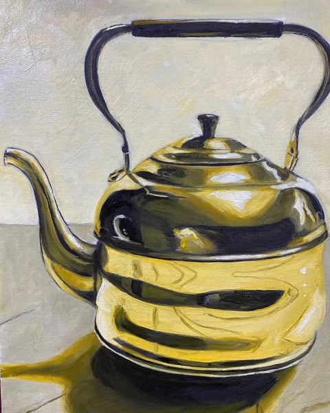 Painting of a golden tea pot representing Irish Breakfast tea by Lake Missoula Tea Company, showcasing a classic tea set.