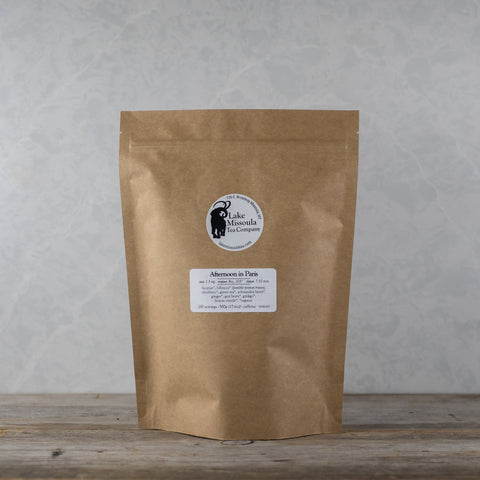 Lake Missoula Tea Company's Afternoon in Paris tea in a 500g package, featuring a blend of aromatic herbs and floral notes.