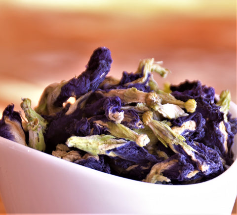 Dried butterfly pea flowers for tea by Lake Missoula Tea Company, showcasing vibrant blue petals used for herbal infusions.