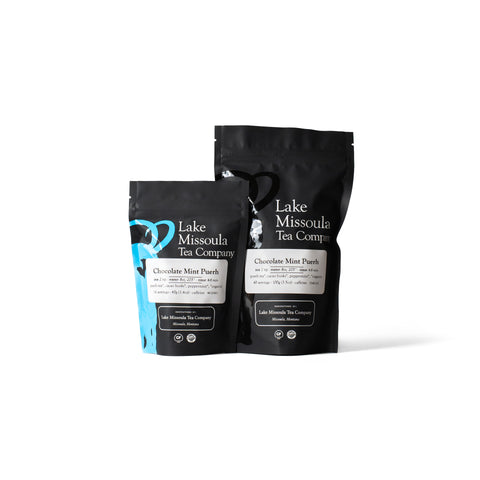 Chocolate Delight Tea bundle by Lake Missoula Tea Company featuring chocolate mint and puerh teas in colorful packaging.