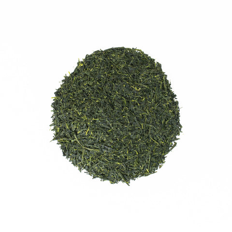 Sencha Fukamushi green tea leaves from Lake Missoula Tea Company in a clear glass jar