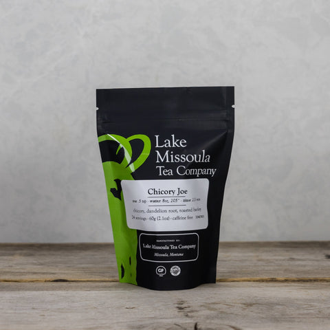 Bag of Lake Missoula Tea Company's Chicory Joe herbal tea in a 2oz package, showing the tea blend and packaging.