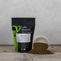 Dried Chicory Joe tea leaves from Lake Missoula Tea Company in a 2oz package, showcasing roasted, chopped chicory root for brewing.