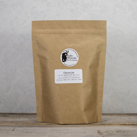 Dried Chicory Joe tea blend from Lake Missoula Tea Company in a 500g package, showing loose roasted chicory root pieces.