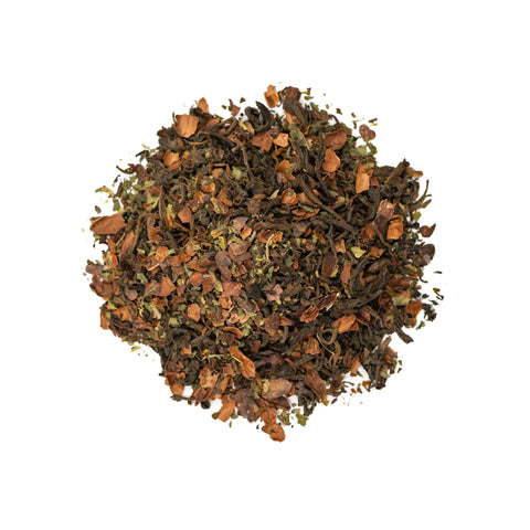 Chocolate Mint Puerh tea from Lake Missoula Tea Company, featuring dark tea leaves infused with chocolate and mint.