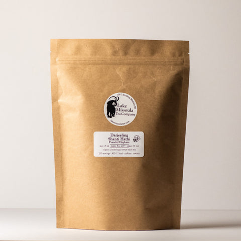 Lake Missoula Tea Company's Darjeeling Shanti Hathi tea in a 500g package, showcasing the loose leaf Darjeeling tea with golden tips.