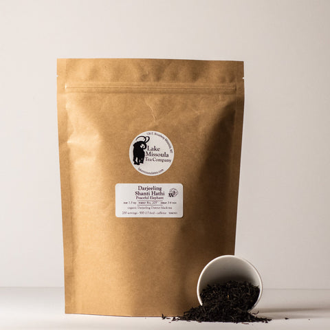 Lake Missoula Tea Company's Darjeeling Shanti Hathi tea in 500g package, showcasing the tea leaves and packaging.