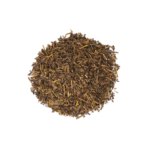 Dry Hoji Cha tea leaves from Lake Missoula Tea Company, showing roasted green tea leaves with a rich, earthy appearance.