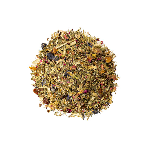 Lake Missoula Tea Company hair care tea in a glass jar with a label, featuring dried herbal tea ingredients inside.